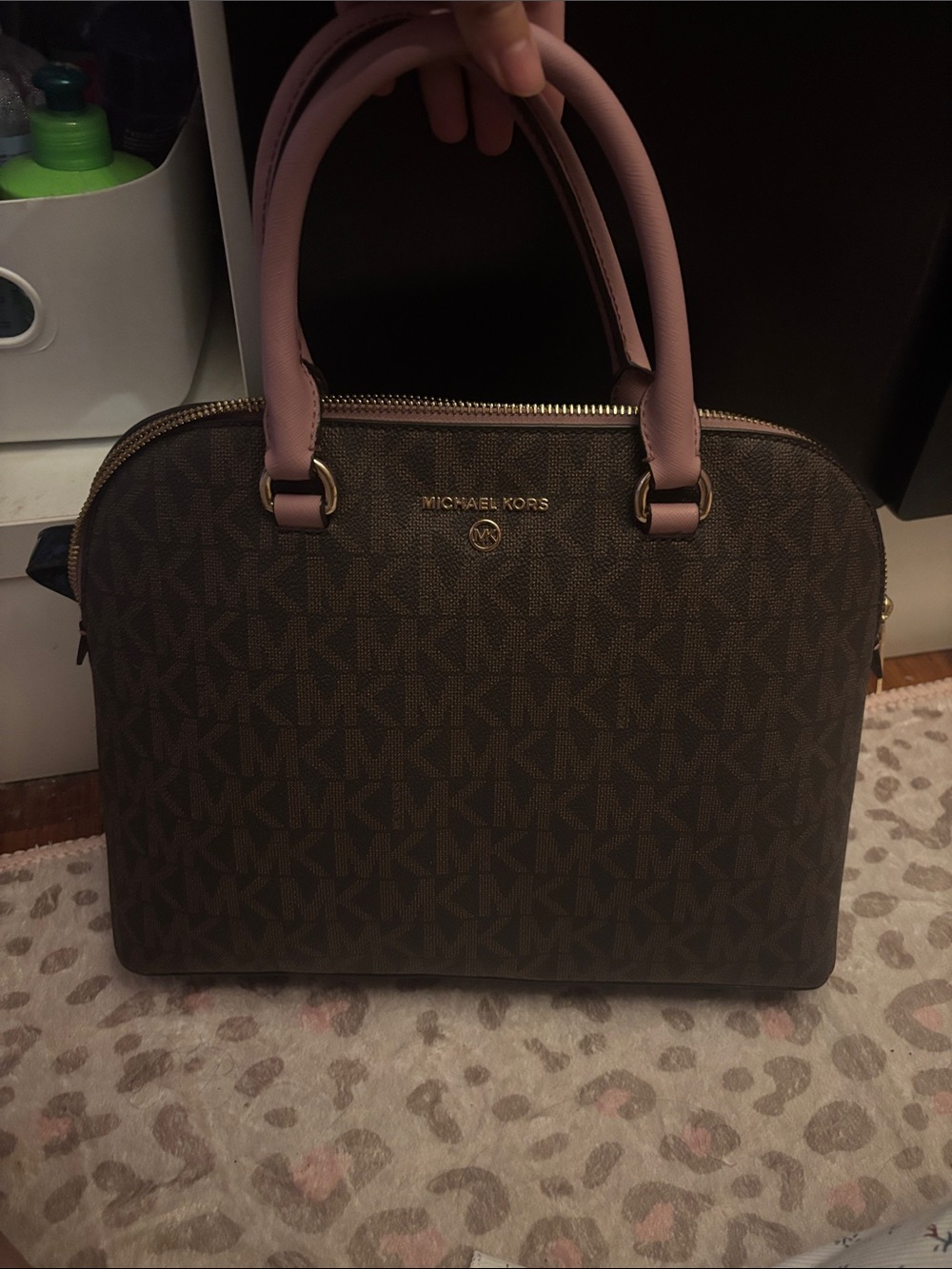 Michael Kors Brown MK Signature Satchel with Pink Handles
